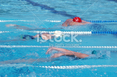 Teenage girls swimming the butterfly stroke at a swim meet